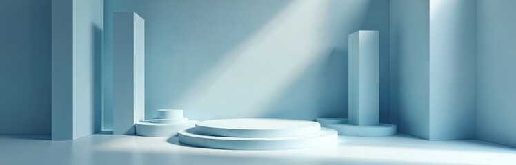 Poster - Minimalist blue geometric room interior with sun light. Pedestal platform stage stands in empty space. Clean design background with wall, floor. Mockup template for product presentation. Modern