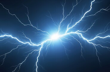 Poster - Illustration of bright lightning strikes on dark blue sky background. power energy effect, lightnings flash with static electricity glowing. Thunderstorm abstract background, strong force graphic
