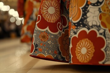 Poster - A close-up shot of patterned fabric with red, orange, and floral motifs, resting on a wooden floor, creating a retro and artistic aesthetic.