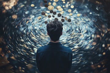 Poster - A man stares up at falling golden coins against a swirling vortex background, contemplating his financial future and the allure of wealth and prosperity.