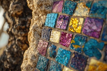 Poster - A detail of mosaic artwork featuring a vibrant mix of colorful square tiles embedded in a stone wall creating an artistic and textured background, design element.