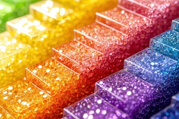 Poster - Macro shot showcasing a vibrant collection of colorful beads arranged in clear, stacked containers creating an eye-catching textured gradient, sparkling in the light.