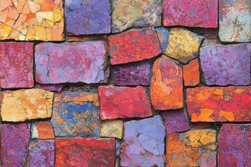 Poster - A vibrant and textured stone wall featuring a mosaic of colorful, irregularly shaped rocks, creating a visually stunning and rustic artistic background.