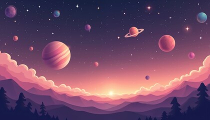 Poster - Cute flat space background template. Stars, planets in outer space. Adorable dreamy night sky with colorful cosmic galaxy illustration. Whimsical astral design. Moonlight illuminates dark silhouette
