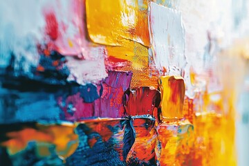 Poster - A close-up view reveals the rich texture of an abstract oil painting, showcasing bold strokes and vibrant hues of red, yellow, blue and white.