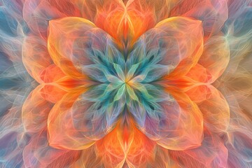 Poster - Intricate floral fractal art with a kaleidoscope of warm orange, blue, and soft pastel hues creating an ethereal, symmetrical, and mesmerizing visual experience.