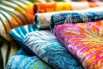 Poster - A vibrant stack of intricately patterned fabrics with a textured surface, creating a colorful and detailed composition ideal for backgrounds, textile design, and artistic projects.