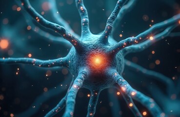 Aufkleber - 3D rendering of neuron cell with glowing particles illustrates science background. Neurons, nervous system connections symbolize medical research, neurology. Biological micro organism abstract blue