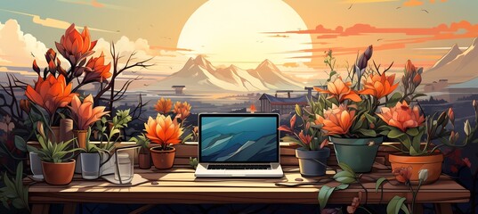 Artistic workstation highlighted an open sketchbook greenery and writing tools portrayed with a lively and engaging palette