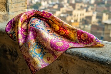 Poster - Vibrant patterned silk scarf draped over a stone ledge with a blurred city backdrop, creating a luxurious and artistic composition with cultural elegance.