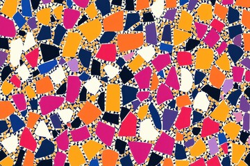 Poster - A vibrant and colorful terrazzo pattern with irregular shapes in pink, orange, and blue, creating a playful and modern abstract design for graphic backgrounds.