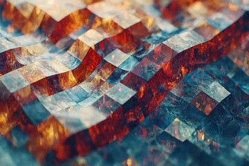 Poster - an abstract background of a wavy, crystalline surface with blue and orange hues, creating a textured