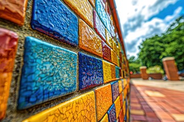 Poster - A captivating close-up of a colorful mosaic tile wall with vibrant tones, set against a blurred background of trees and sky on a bright, sunny day.