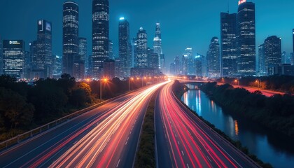 Poster - Night city skyline with car light trails on highway. Urban cityscape with modern architecture, skyscrapers with light in windows, transportation, busy traffic. Business innovation, product launch