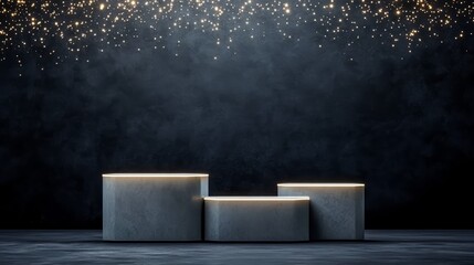 Poster - Set of three pedestals with a black background and a light shining on them. The pedestals are made of concrete and are arranged in a row. The light shining on them creates a sense of depth