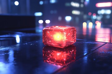 Aufkleber - A glowing red cube rests on a reflective surface in a futuristic city, creating a mesmerizing neon-lit scene with bright city lights in the distance, adding depth.