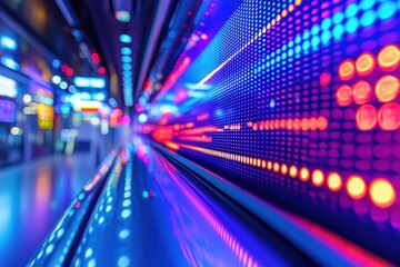 Poster - A vibrant and dynamic corridor illuminated with blue and red LED lights, creating a futuristic perspective and immersive visual experience, with blurred background elements.