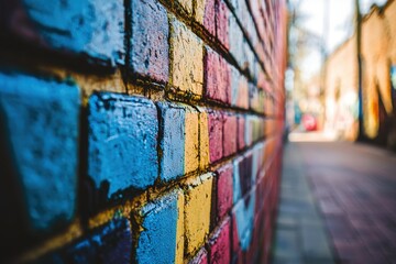 Poster - Vibrant and artistic brick wall with colorful graffiti art in an urban alleyway, creating a unique and textured background with a shallow depth of field.