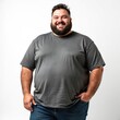 © Pete - Happy bearded plus size man in casual wear stands on white background, looks into camera, smiles. Cheerful big body positive guy posing. Isolated copy space for diversity themes.