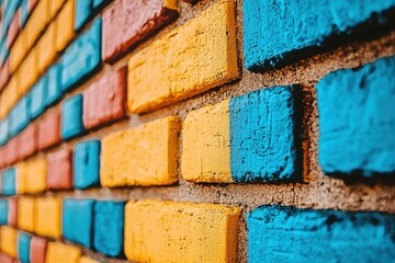 Poster - A vibrant and colorful brick wall featuring a pattern of blue, yellow, and red bricks, creating a playful and artistic background for creative projects or designs, close up.
