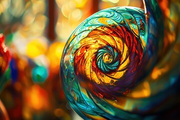 Poster - Artistic glass sphere with intricate swirling patterns of blue, red, yellow and purple, creating a mesmerizing abstract design that captures light and color beautifully.