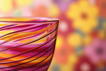 Poster - A vibrant close-up showcases a glass with swirling bands of pink, orange, and yellow, set against a soft floral backdrop, highlighting the glass's artistic design.