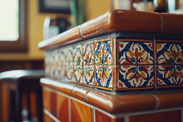 Poster - Detailed view of a counter with vibrant, patterned ceramic tiles and glossy trim, showcasing traditional craftsmanship and colorful design in a warm, inviting interior setting.