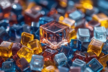 Poster - A vibrant collection of colorful glass cubes scattered on a surface, featuring shades of blue, orange, and yellow, highlighting the intricate details and textures of the glass.
