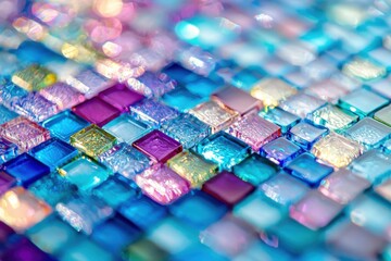 Poster - A shimmering mosaic background of glass tiles in pastel hues, creating a dreamy and iridescent effect for abstract designs and creative projects, macro shot.