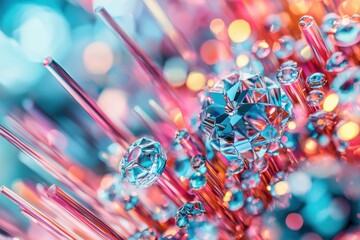 Aufkleber - Abstract geometric composition featuring reflective spheres and rods, bathed in vibrant pink and blue hues, creating a visually stunning and dynamic futuristic landscape with bokeh background.