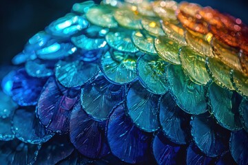 Poster - Macro shot of colorful glass feathers creating a vibrant and textured background, showcasing a gradient from blue to orange with detailed patterns and reflections.