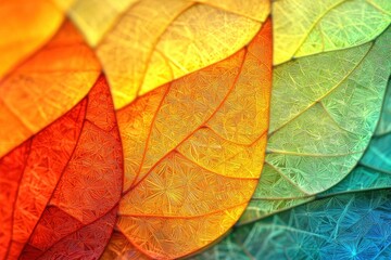 Poster - Close-up artistic depiction of colorful autumn leaves with intricate patterns, creating a vibrant and abstract nature-inspired wallpaper design, transitioning between colors.