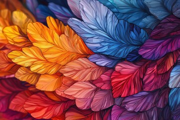 Poster - A visually stunning abstract background showcasing vibrant, colorful feather-like shapes in shades of orange, blue, purple, pink, and red with beautiful line details.