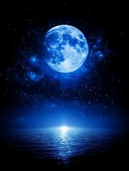 a bright blue moon shines above dark water at night