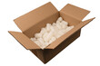 © Nikolay - Cardboard box and white filling material in it isolated on a white background.