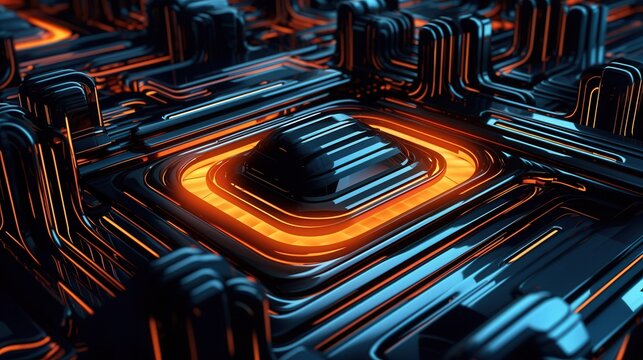 A close-up view of an abstract circuit design with glowing orange elements, showcasing modern technology and innovation.