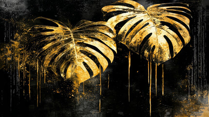Poster - Two gold leaves with a black background. The leaves are dripping with gold paint. The painting has a dark and mysterious mood