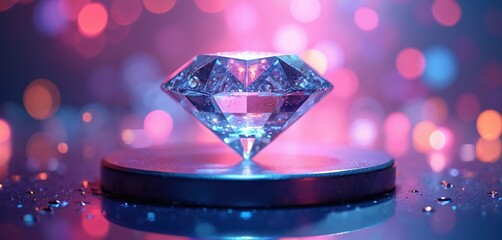 Poster - Sparkling diamond on dark surface reflects colorful lights. Round bokeh spots in background. Gemstone radiates brilliance, luxury. Jewelry stone glimmers with radiance. Perfect cut, clarity of