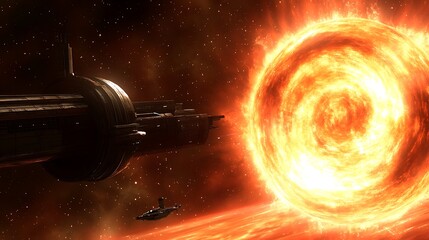 Wall Mural - A large spaceship in space near a huge bright star