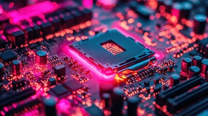 Poster - Close-up of a Computer Motherboard with CPU Illuminated