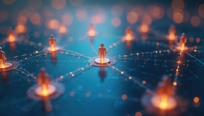 Aufkleber - Connected people network illuminated on blue background. Abstract human social connections, glowing lights symbolize global networking partnership, teamwork, recruitment, HR, leadership concept.