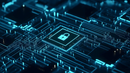Aufkleber - A digital representation of a secure network, featuring circuitry and a lock symbol, emphasizing cybersecurity and data protection.