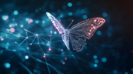 Aufkleber - A digital butterfly is depicted in vibrant colors, surrounded by a network of glowing lines and dots, creating a futuristic, ethereal atmosphere.