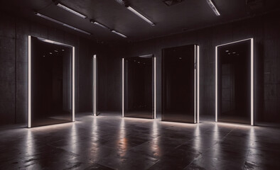 Poster - Dark room with four mirrored doors. The room is empty and the doors are all closed. Scene is mysterious and eerie