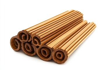 Poster - Stacked rolled wooden sticks on white.