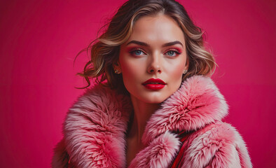 Poster - Woman wearing a pink fur coat and red lipstick. She has a beautiful smile and is looking at the camera