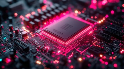 Poster - Close-up of a Computer Motherboard with Glowing CPU