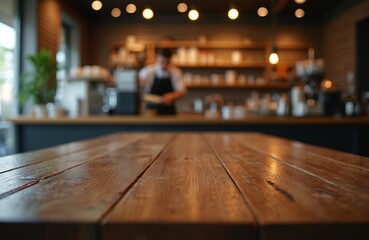 Poster - Empty wooden table in coffee shop, blurry background shows barista preparing coffee. Rustic wood grain texture, modern interior design. Space for product display, food service, drink business