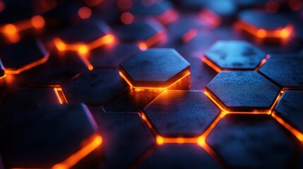 Poster - Abstract Hexagonal Grid with Glowing Orange and Blue Lights: A Futuristic Technological Design