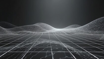 Aufkleber - Abstract mesh background with perspective grid. White lines, geometric shapes on dark gradient backdrop create depth illusion. Wireframe landscape, technology network visualization, cyberspace